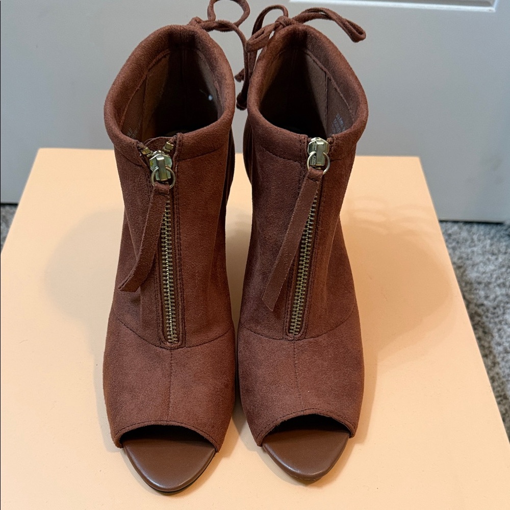 Bella Vita Suede Chestnut Peep-Toe Ankle Booties